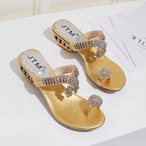 Geumxl Women Fashion Shiny Rhinestone Tassel Wedge Slipper Gold Flip Flop Pinched Toes Sandals Comfortable Anti-Slip Footwear Sandalias