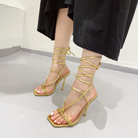 Geumxl Summer Woman Shoes Sandals Metal Heel Cross Strap Party Pumps High Heels Lace-Up Ladies Shoes Gold White Black zapatillas mujer