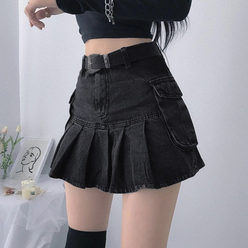 Geumxl Altgirl Harajuku Y2k Denim Skirt Women Dark Gothic Streetwear Mini Skirt With Skull Belt Mall Goth Punk Grunge Sexy Emo Clubwear