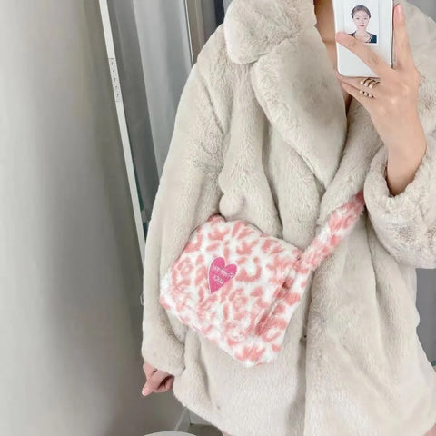 Geumxl Fashion Faux Fur Women Messenger Bags Soft Plush Ladies Shoulder Bag Vintage Leopard Female Clutch Purse Winter Warm Handbags