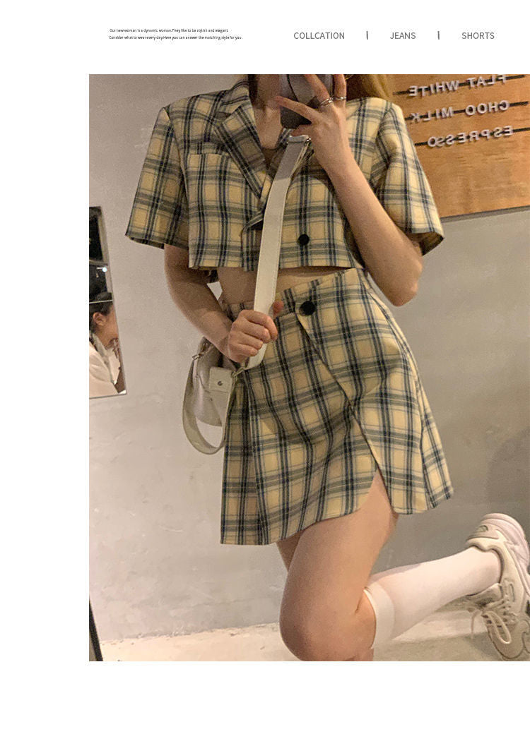 Matching Set Blazer And Skirts Women Preppy style Navel Exposed Short Short Sleeve Blazer Feminino Femme Summer Two Piece Set