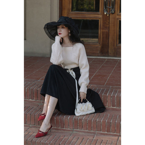 2 Piece Set Women French Elegant Suit Female Vintage Square Collar Knitted Sweater+ Bow Lace-Up Skirt Korean 2023 Winter Outfits