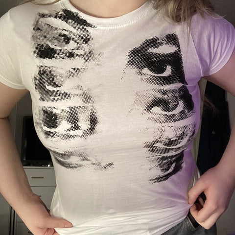 Geumxl Halloween Grunge Aesthetic Gothic Punk T-Shirts White Women Summer Graphic Print Crop Tops Slim Short Sleeve Fashion Alt Clothes