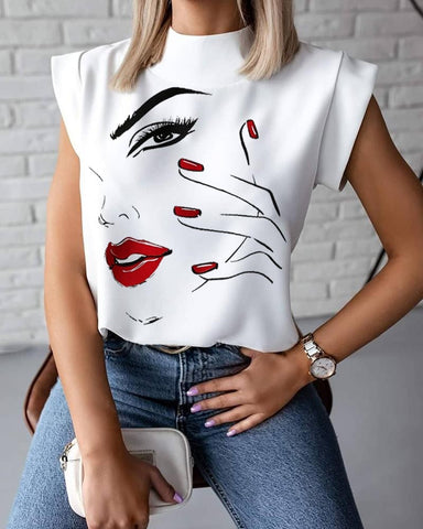 Geumxl Fashion Women Elegant Lips Print Tops Blouse Shirts Summer Ladies Office Casual Stand Neck Pullovers Eye Blusa Tops