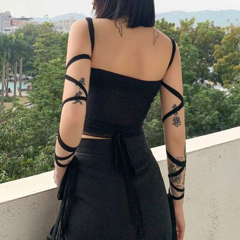New Style Women's 2023 Solid Color Black Mesh Lace Tie Crop Top Navel Fashion Navel Y2k Sling Spring And Summer Sexy Small Vest