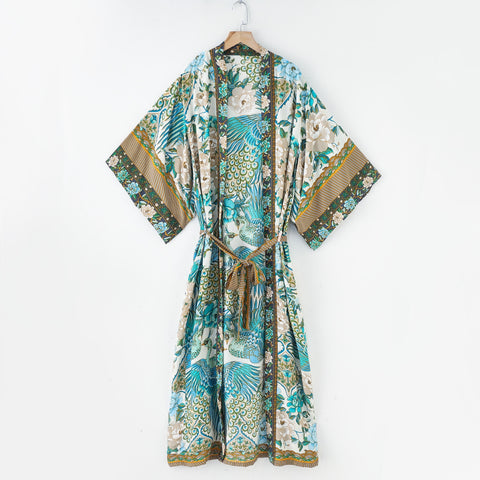 Geumxl 2022 Printed Summer Beach Wear Clothing Long Kimono Autumn Plus Size Tunic Women Tops Self Belted Wrap Coat A155