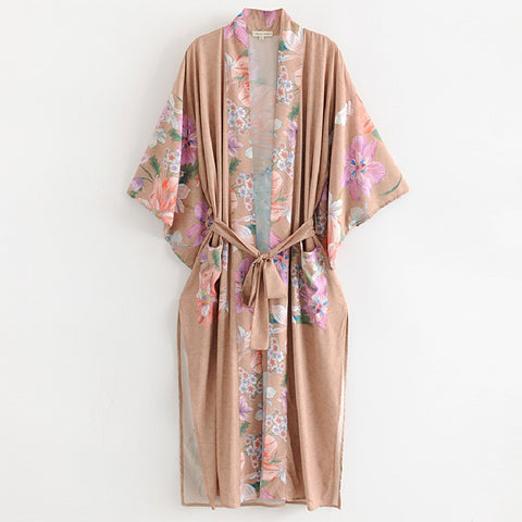 Geumxl 2022 Printed Summer Beach Wear Clothing Long Kimono Autumn Plus Size Tunic Women Tops Self Belted Wrap Coat A155