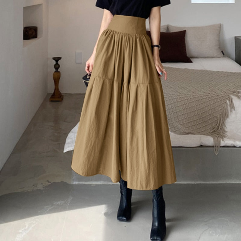 Geumxl Celmia Female Swing Party Skirt Pleated Fashion A-Line Casual Loose Skirt Women's Holiday Zipper High Waist Midi Jupes