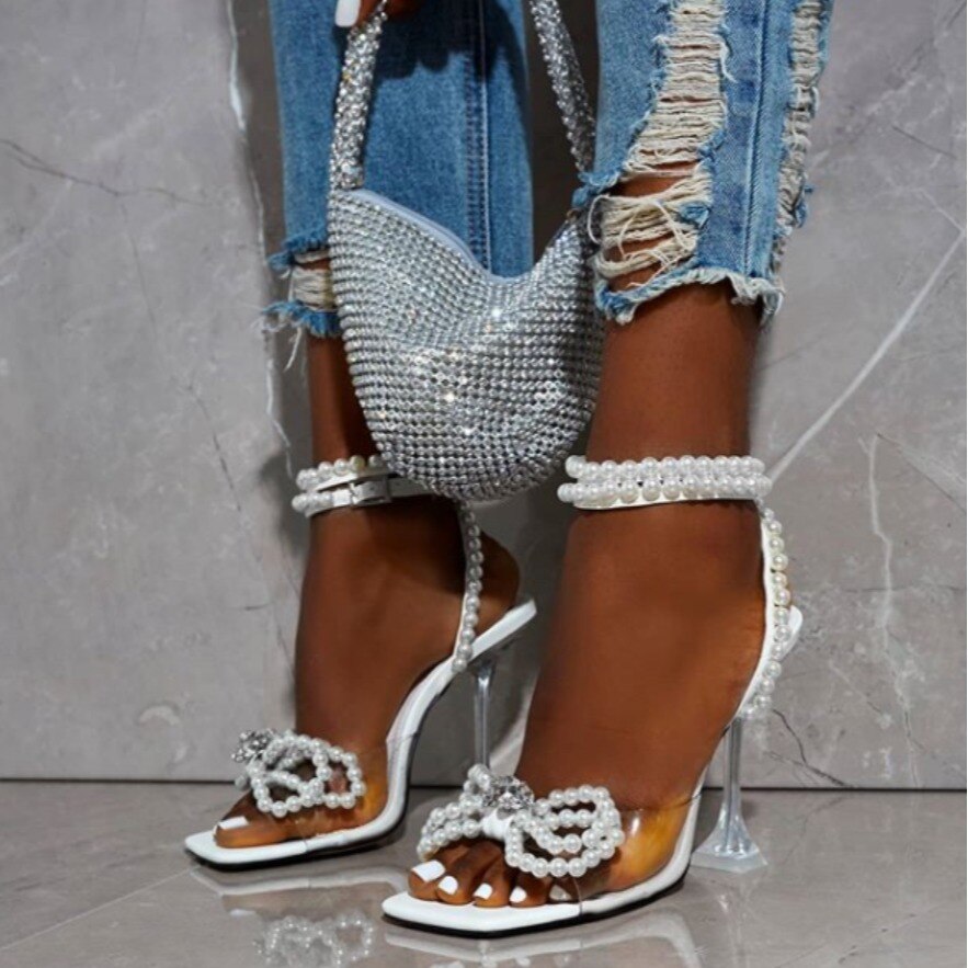 Newly launched transparent sandals in 2022, with pearls and rhinestones, beaded bow sandals