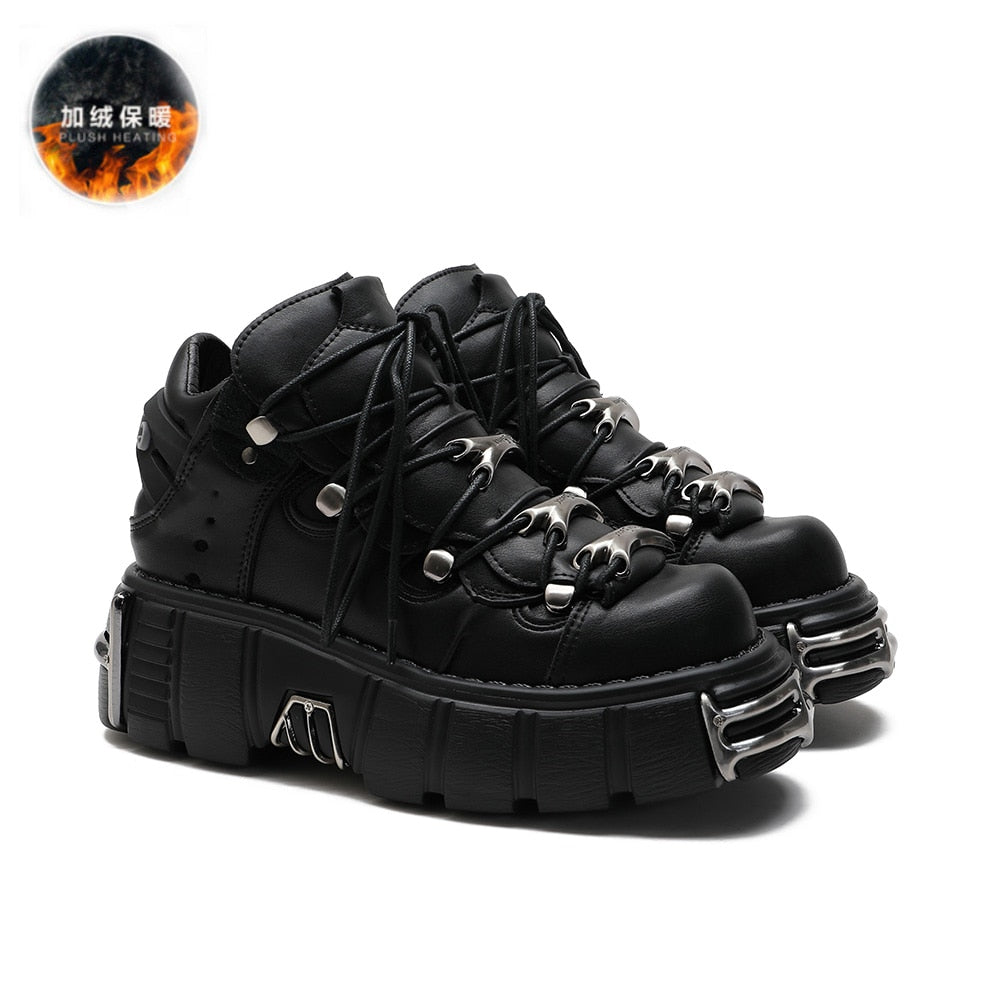 Geumxl Punk Style Women Shoes Lace-up heel height 6CM Platform Shoes Woman Gothic Ankle Boots Metal Decor Woman Sneakers