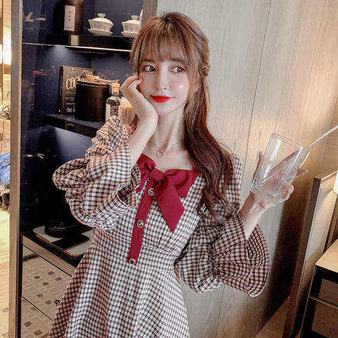 French Style Plaid Women One-piece Bodycon Dress Korean 2021 New Spring/Autumn vestido Red Vintage Bow Square Collar Dresses