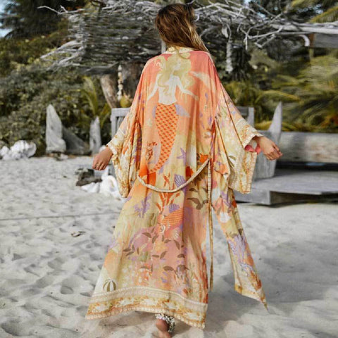 Geumxl 2022 Printed Summer Beach Wear Clothing Long Kimono Autumn Plus Size Tunic Women Tops Self Belted Wrap Coat A155