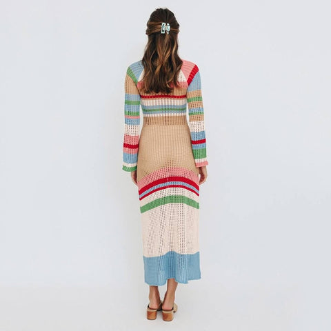 Geumxl 2023 Femme Knitting Midi Dress Long Sleeve Vestido Feminino Colorful Hook Sweater Dresses Boho Vacation Overall Dress Vestidos