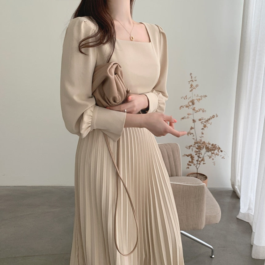 Geumxl Vintage Korea Chic Pleated Folds Party Dresses For Women Long Sleeve Casual Woman Bodycon Dress Evening Vestidos Autumn 2023 New