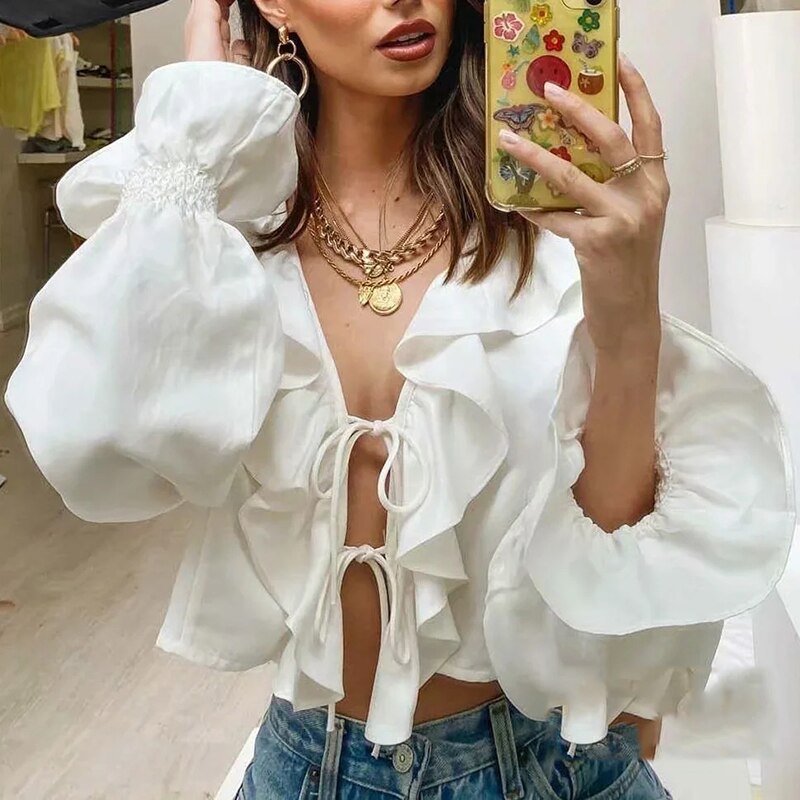 Summer Spring Temperament Beach New Top Hedging Ruffled V-Neck Lace-Up White Crop Top Lace-Up Trumpet Sleeve Long-Sleeved Tops