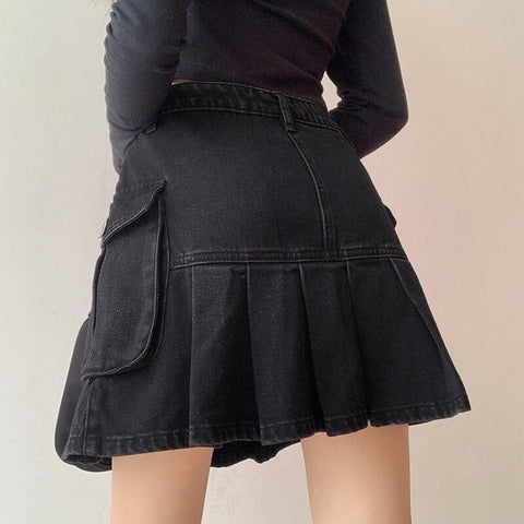 Geumxl Black Skirt Women Summer High Waist Jean Skirts Y2K Sexy Mini Skirt Denim Pleated Skirts With Pockets Ladies Short Jupe Femme