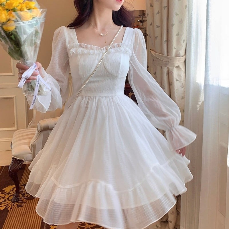 Geumxl-hoco dresses   2024 French Sweet Fairy Lolita Dress Women Long Sleeve Lace Mini Dress Vintage Kawaii Clothes One Piece Dress Korean