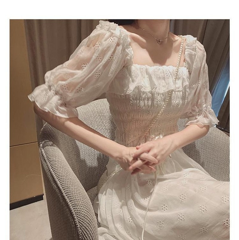 French Summer Dress Women White Puff Sleeve Korean Style Fairy Dress Lace Chiffon Japan Style Kawaii Elegant Vintage Dress 2022