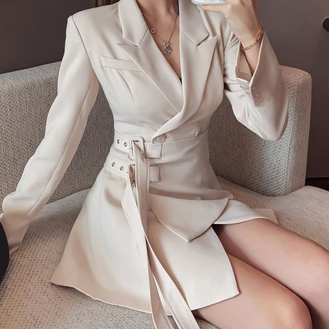 Geumxl-hoco dresses  Elegant Blazer Dress Women High Waist Slim Belted Sashes Long Sleeve Dress Female Korean Office Lady Mini Party Dress Vestidos