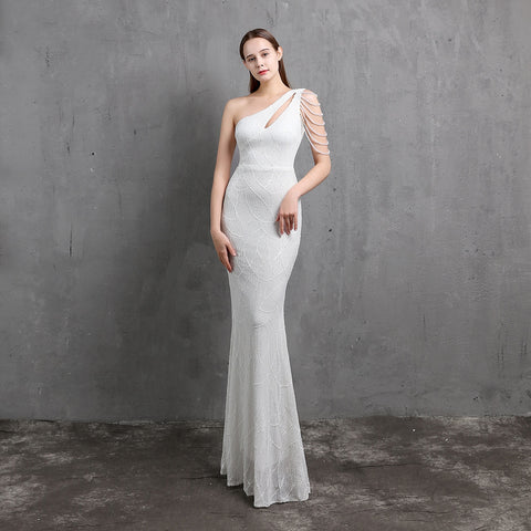 Geumxl Evening Dresses Long  One-Shoulder  Floor-Length  Prom Dress Mermaid  Sequined  Evening Dresses  Prom Dresses