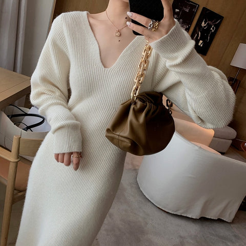 Geumxl Vintage Winter Maxi Dresses For Women Party 2022 Bodycon Sweater Dress Long Sleeve Knitted Dress Oversize Dresses Knitting Fall