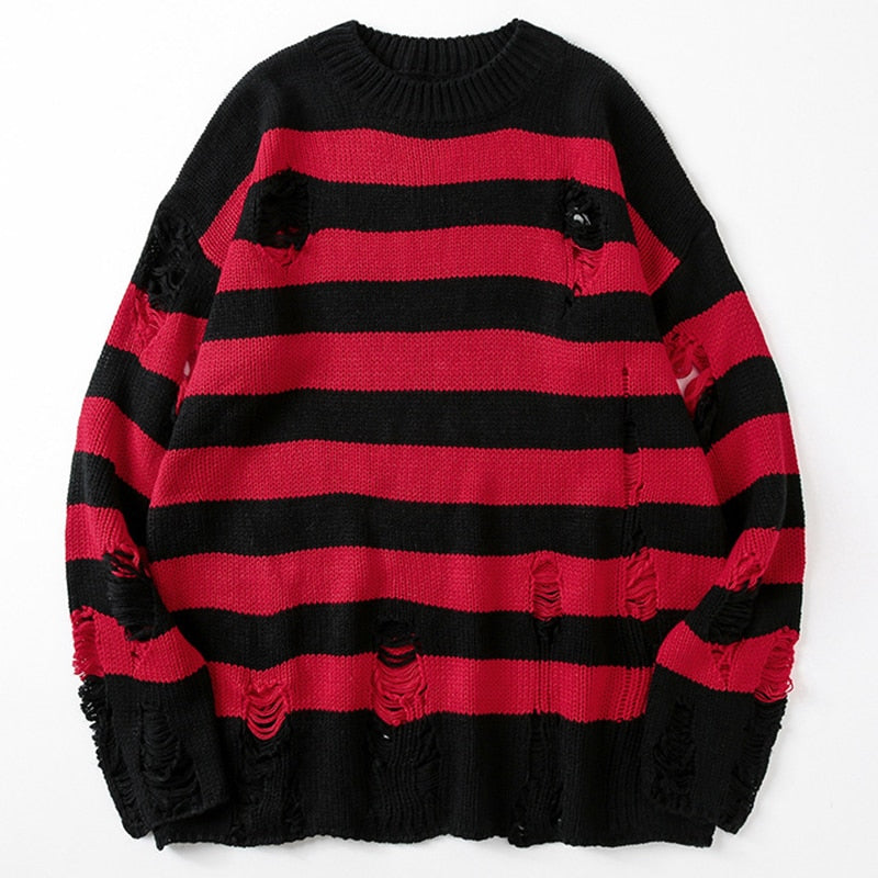 Geumxl Christmas Gift Striped Sweaters Women Punk Autumn Sweater Hollow Out Ripped Hole Broken Jumper Loose Oversized Pullovers Harajuku Streetwear