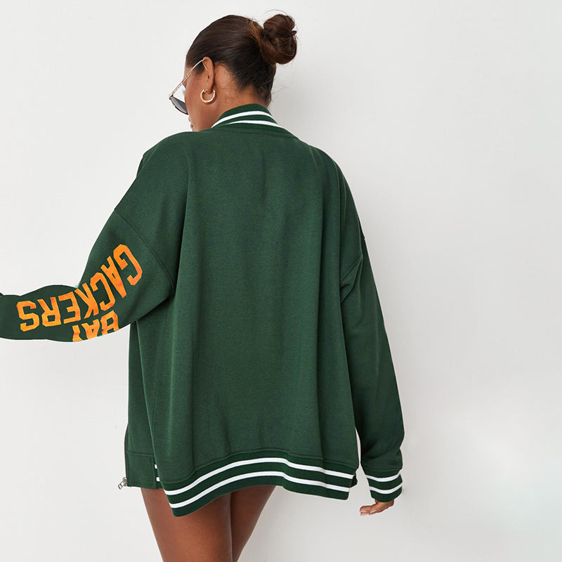 Green Letter Print Women College Jacket Patchwork Spring Harajuku Casual Outerwear Daily Loose Zipper Baseball Jacket