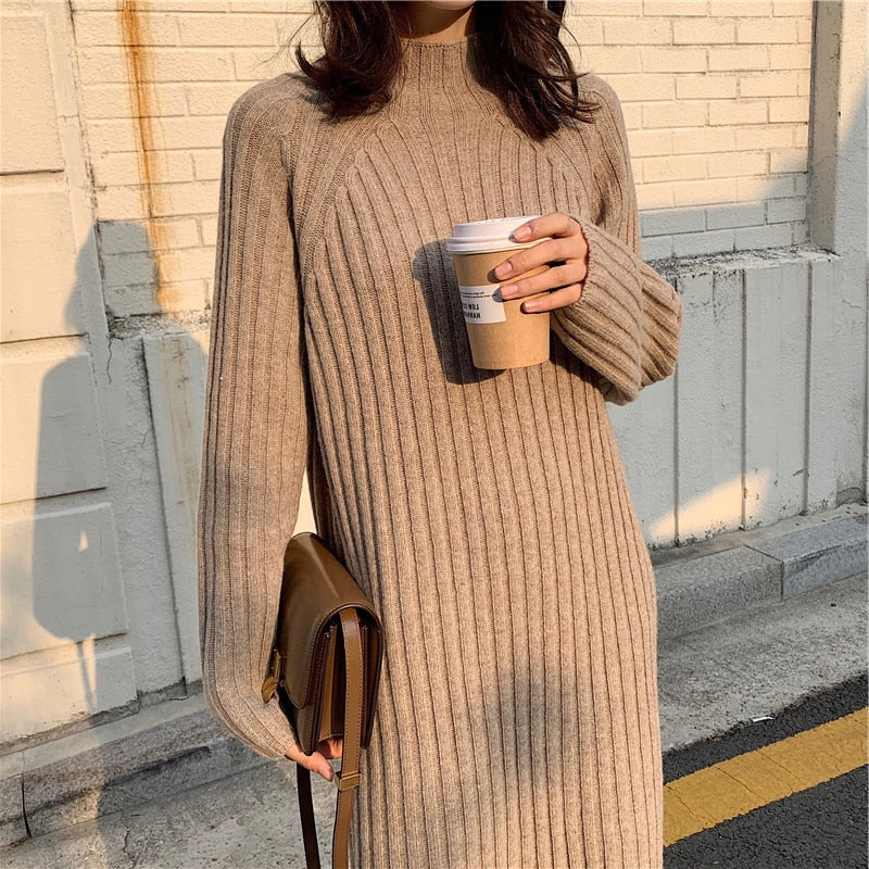 Geumxl Vintage Long Dress For Women Thicken Sweater Turtleneck Long Sleeve Elegant Solid Slim Knitted Dresses Pullovers Winter 2022