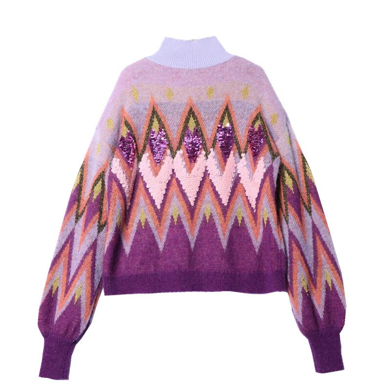 Geumxl Purple Sequin Embroidery Lazy Sweaters Women Vintage Long Sleeve Turtleneck Autumn Winter Knitted Pullover Warm Jumper