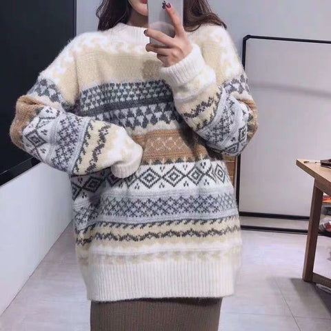 Geumxl Vintage Knitted Sweaters Women Striped Pullovers Ladies Winter Jumpers Casual Knitwear Argyle Loose Sweater Streetwear