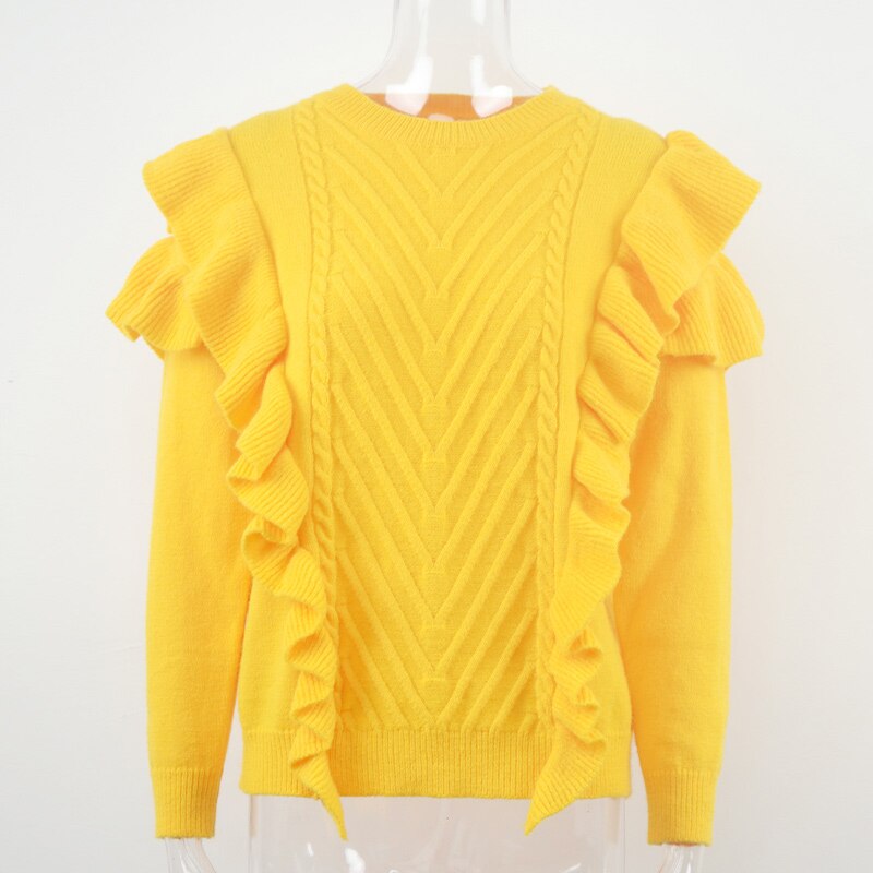 Ruffles Knitted Women's Sweaters Yellow Butterfly Long Sleeve O-neck Top Women Autumn Winter 2021 Casual Chic Female Sweater