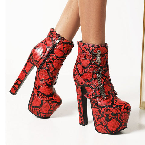 Geumxl Brand New Autumn Winter Snake Pattern Ankle Boots Women Platform Chunky High Heels Mature Short Boots Ladies Sexy Party Shoes