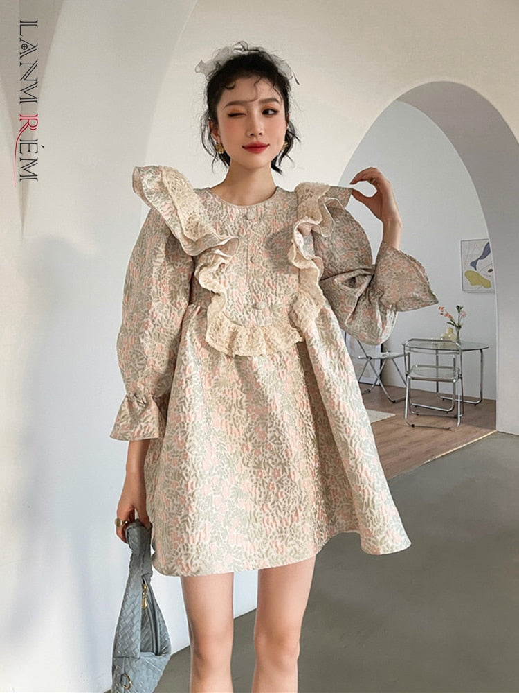 Geumxl 2022 Spring Beige Color Bubble Long Sleeve Mini Floral Printing Dress For Women Cute Party Clothing 2D7077