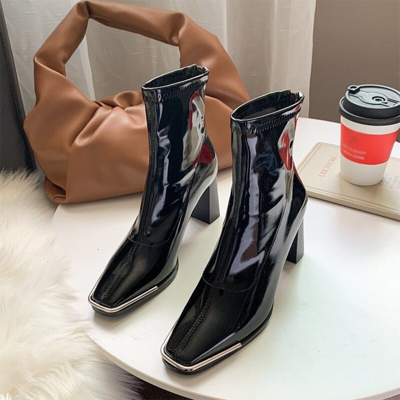 Geumxl Women Ankle Boots High Heels Patent Leather Square Toe Back Zipper Metal Decoration High Quality Office New Autumn Females Shoes
