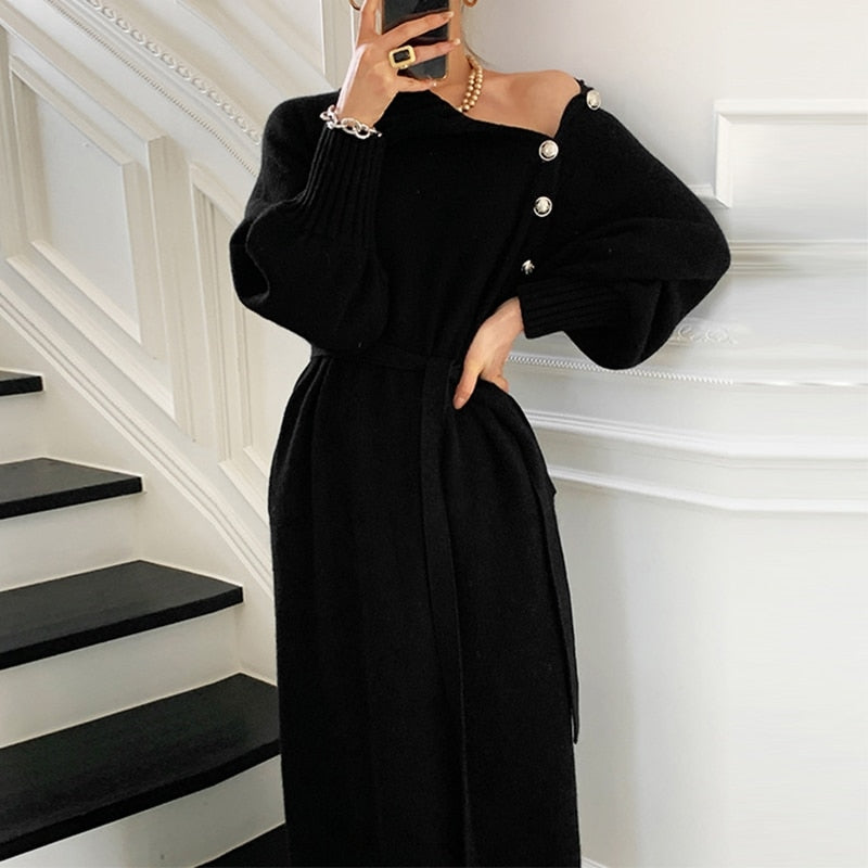 Geumxl Winter Turtleneck Buttons Women Knitted Dress Elegant Full Sleeve Lace-Up Female Thicken Long Dress For Sweater Autumn 2022 New