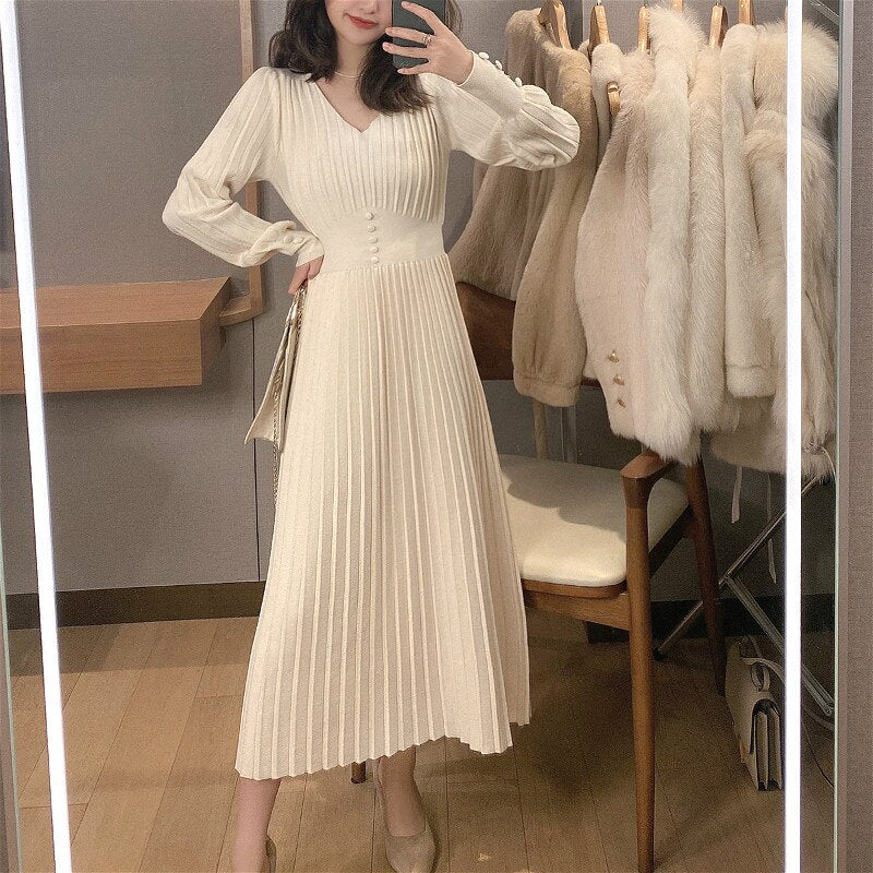 Knitted Dress Women Casual Long Sleeve Vintage Elegant Office Sweater Dress Female 2021 Autumn One Piece Dress Korean Outerwear