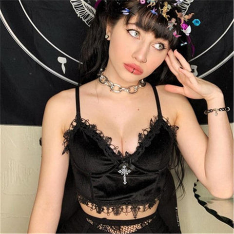 Geumxl Halloween Velvet Y2K Mall Goth Crop Tops Black Lace Trim Emo Alternative Aesthetic Crop Tops Women Backless Strap Tanks