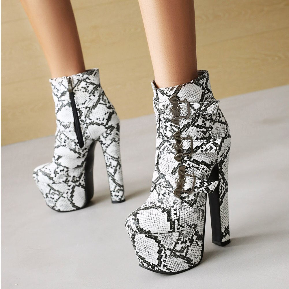 Geumxl Brand New Autumn Winter Snake Pattern Ankle Boots Women Platform Chunky High Heels Mature Short Boots Ladies Sexy Party Shoes