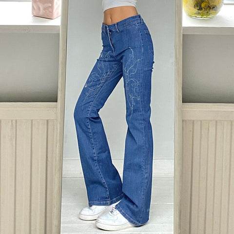 Geumxl Casual Elegant Vintage Jeans Women Rhinestone Print 2000S Aesthetic Denim Trousers Ladies Fashion Streetwear Pants