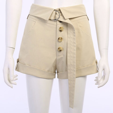 Geumxl Women Summer Short Pants Fashion Solid Color High-Waist Button-Open Roll-Up Hem Casual Shorts With Belt For Girls Khaki