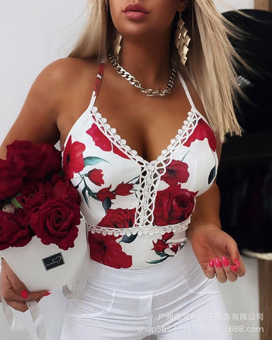 2023 Women Sexy Sleeveless Halter Hollow Out Floral Print Strap Shirt Top New Ladies Elegant Lace Patchwork Slim Fit T-Shirt