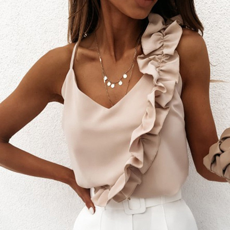 Geumxl Women Summer Blouse Shirts Sexy V Neck Ruffle Blouses Backless Spaghetti Strap Office Ladies Sleeveless Casual Tops