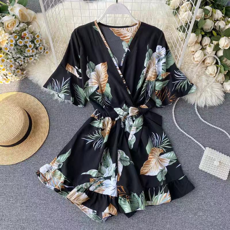 Geumxl Women Rompers Casual Wide Leg Pants Overalls Short Sleeve V Neck Solid Playsuits Summer Beach Chiffon Ruffle Jumpsuits