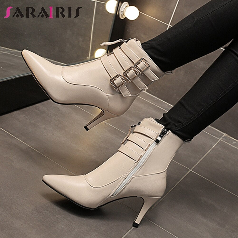 SARAIRIS Big Size 34-43 Female Autumn Office Boots Ankle Boots Women Pointed Toe Thin High Heels Zip Buckle Shoes Woman