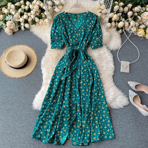 Geumxl French Sweet Floral Dress Women V Neck Puff Sleeve Single-Breasted Belt Dress Summer Bohemian Print A-Line Midi Dress