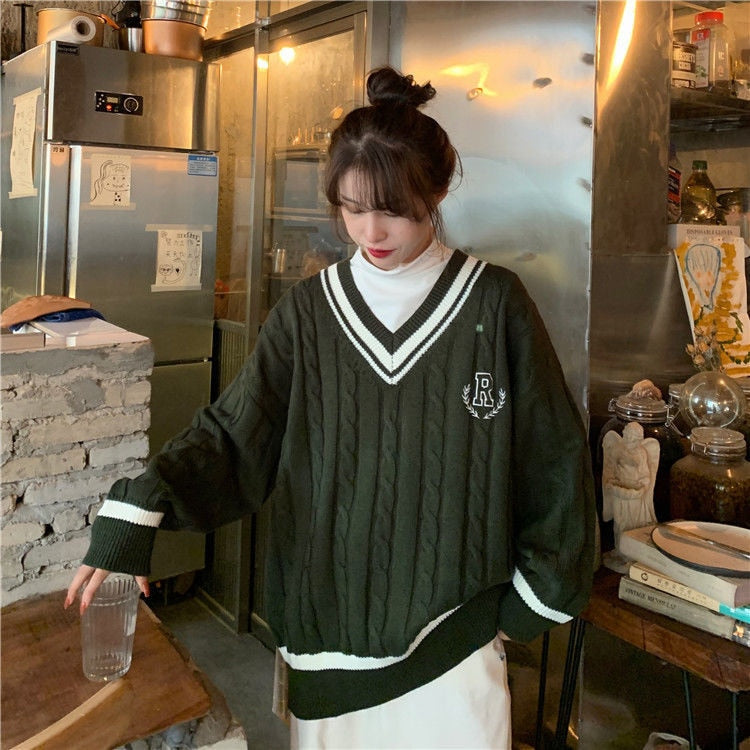 Geumxl Autumn Striped Knitted V-Neck Sweater Dark Green Knit Top For Female Sweaters Cottagecore Streetwear Women Tops Pullovers Y2k