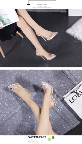 Plus Size Transparent Pumps Women Sexy Pointed Toe Chain Design Crystal Heel Ladies Shoes Stiletto High Heels  Sandals Shoe