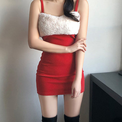 Geumxl Women Plush Patchwork Mini Dress Spaghetti Strap Bodycon Dresses New Years Christmas Vestidos Korean Style Sleeveless Dress