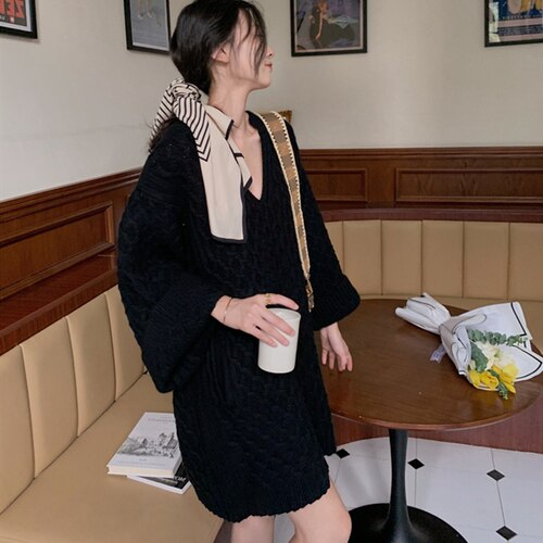 Geumxl Autumn Winter Women Long Sleeve Sweater Dress V-Neck Pullovers Loose Korean Thick Warm Casual Vintage Knitted Oversize Knitwear