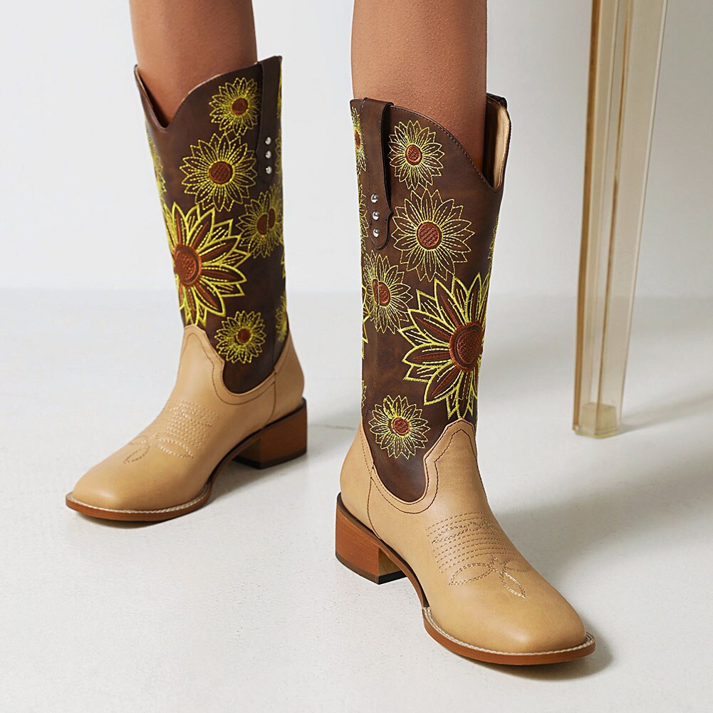 Geumxl Autumn Winter Vintage Fashion Western Boots Women Chunky Heels Embroider Flower Mid Calf Boots Retro Plus Size 48 Footwear Shoes